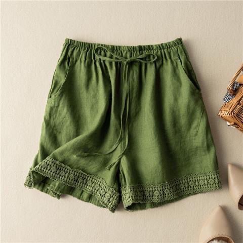 Cotton and Linen Shorts for Women, Artistic Retro Crochet High-Waisted Linen Straight-Leg Wide-Leg Pants That Make Legs Look Longer, Summer Casual Wear