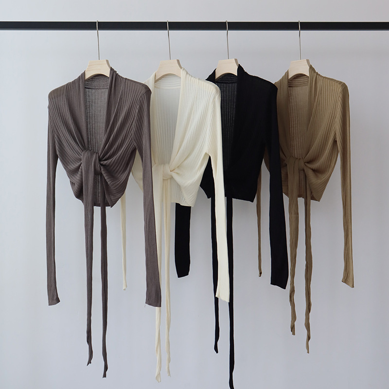 Lyocell Tencel Spring & Fall Long-Sleeved Knitwear with Open Design, Strappy Shawl with Suspenders and Cardigan, Breathable