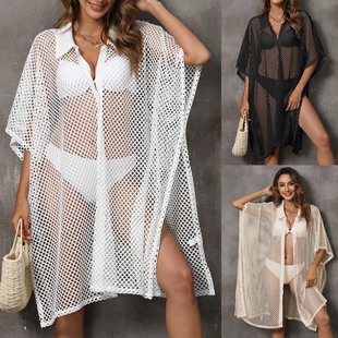 Beach clothes vacation blouse cross-border Women's mesh stitching shirt irregular loose bikini blouse Z970
