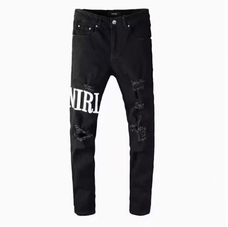 2025 New Amr Embroidered Jeans Men's Black Ripped Patch Elastic Slim Fit Pants Long Pants