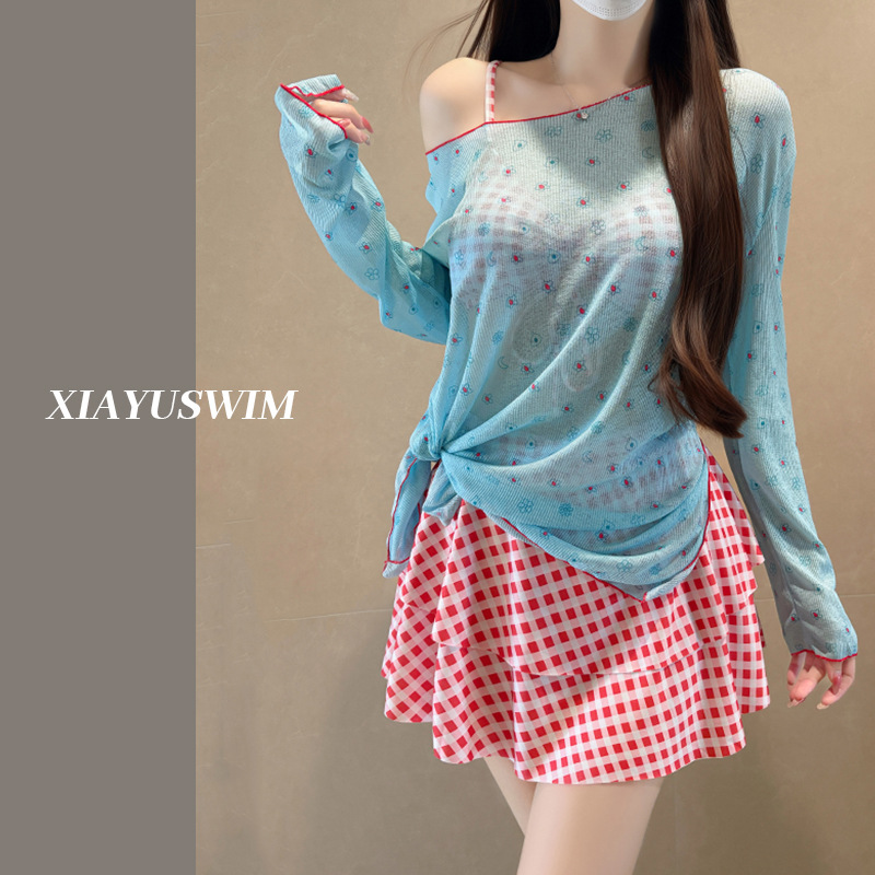 Plus-Size Women's Three-Piece Swimsuit Set with Long-Sleeve Cover-Up for Slightly Chubby Girls, Covering the Belly, Suitable for Hot Springs, Wholesale