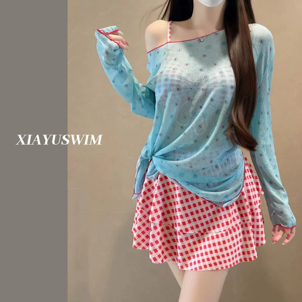 Plus-Size Women's Three-Piece Swimsuit Set with Long-Sleeve Cover-Up for Slightly Chubby Girls, Covering the Belly, Suitable for Hot Springs, Wholesale