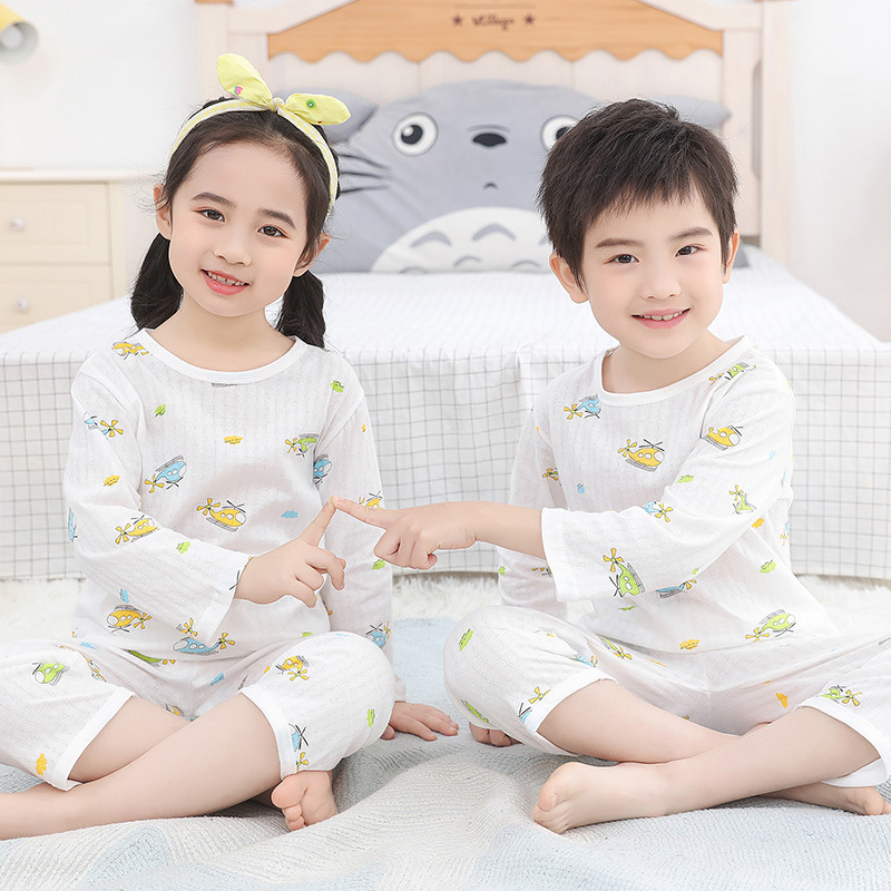 2021 새로운 여름 어린이 한국식 9부 소매 정장 큰 어린이 면화 가정 의류 소년과 소녀 에어컨 옷