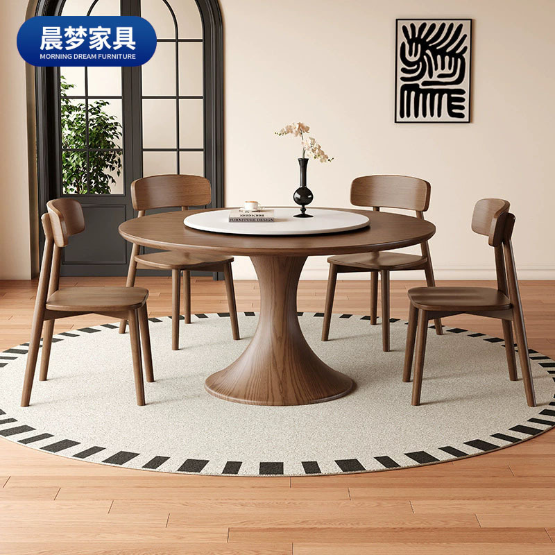 Medieval-Style French Retro Solid Wood Round Dining Table and Chair Set, Made of Ash Wood, Suitable for Small Apartments, in Walnut Color, New Model