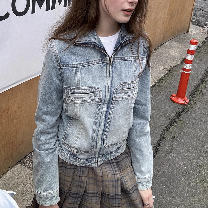 街头复古做旧浅蓝色牛仔外套女春秋新款设计感小个子夹克短款上衣|undefined
