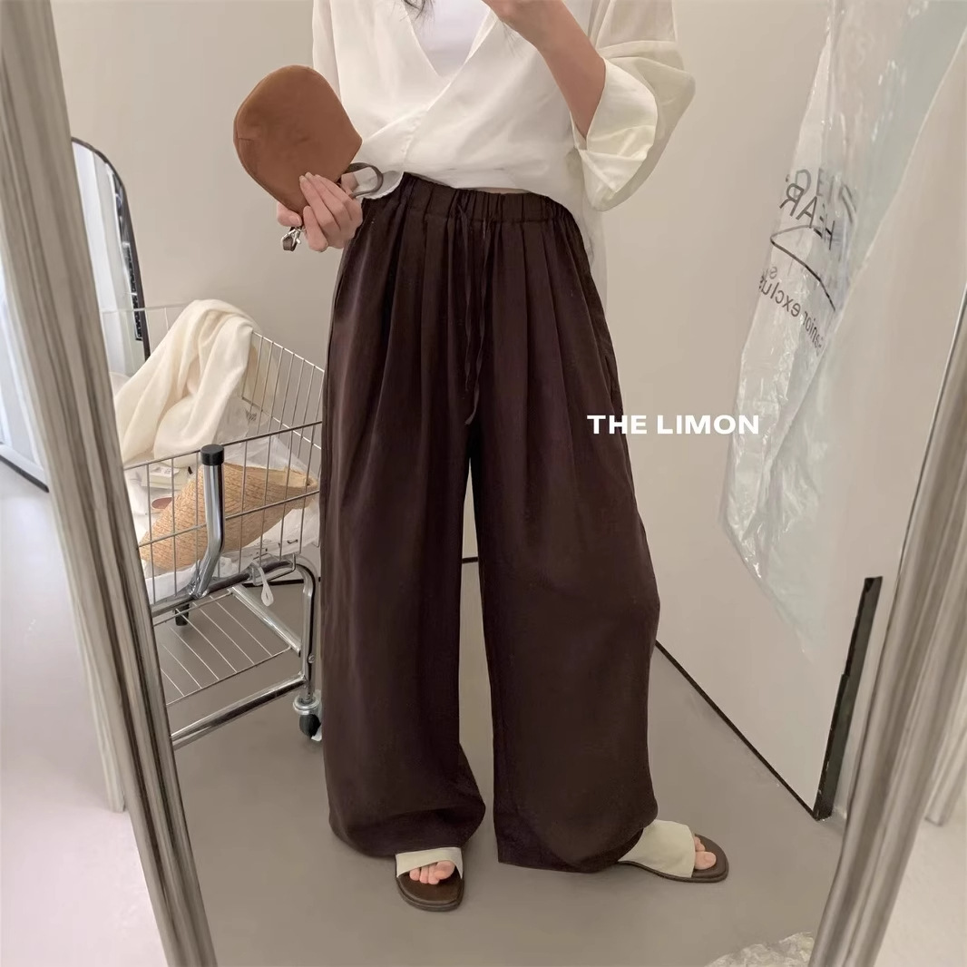 Liquidación, sin devoluciones ni cambios, color verde limón y té, pantalones rectos de pierna ancha con cordón elástico en la cintura para mujer, pantalones largos holgados, novedad de verano 2025. image 5