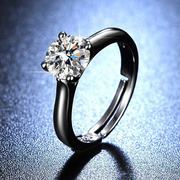 Ring one carat, adjustable open band with AAA zirconia, silver-layer plating