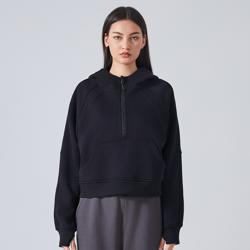 2025 otoño y invierno de vello a prueba de viento con capuchón suéter deportivo casual de mujer chaqueta corta con media cremallera chaqueta de yoga