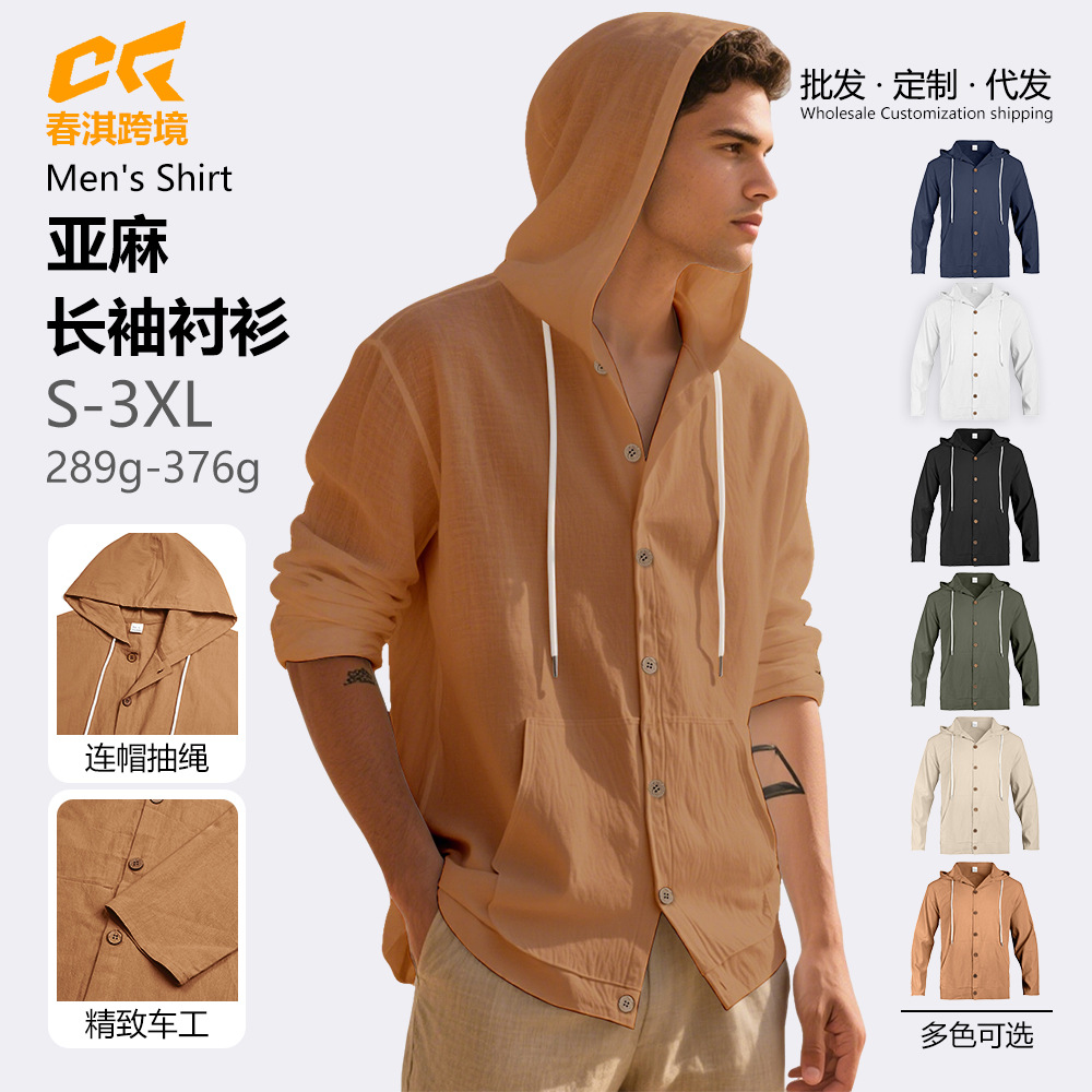 Transfronterizo Amazon primavera y otoño hombre botón camisa con capuz Europa y América TK lino casual gran abrigo de algodón de playa suelto