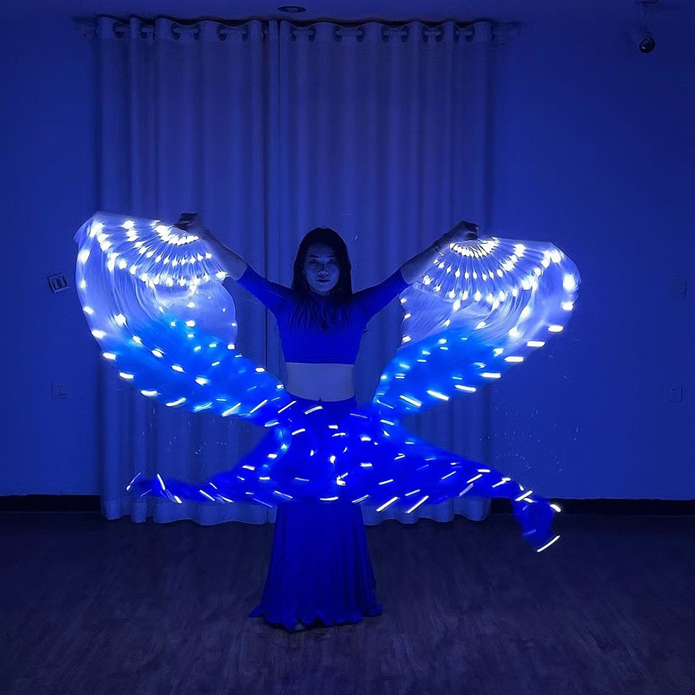 Nuevo LED luminoso ventilador blanco y azul gradiente tela de seda danza apoyos suave alambre luz carga etapa rendimiento