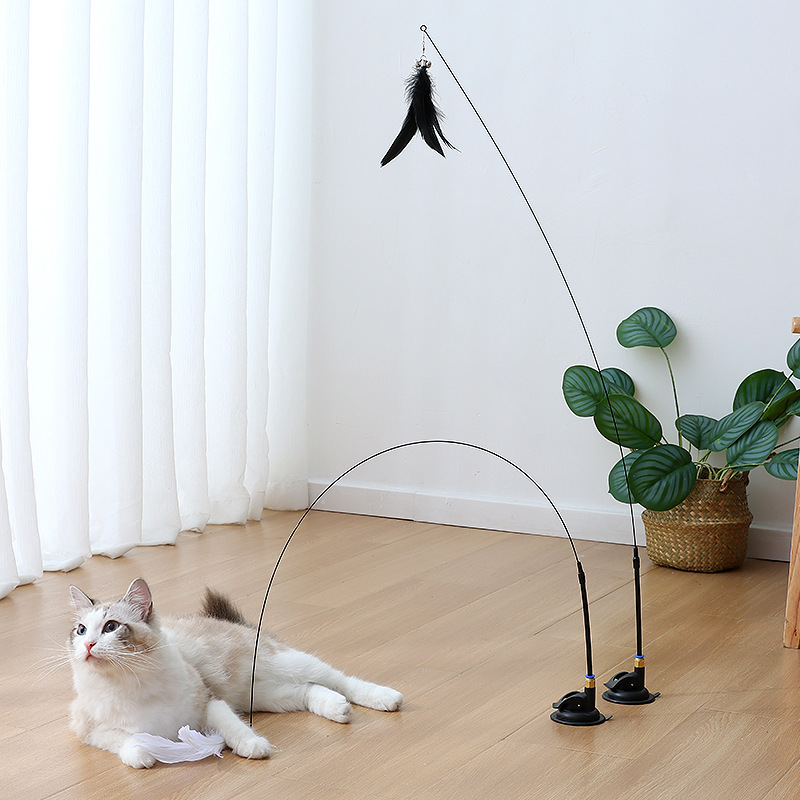 Fabricante en stock mango de presión fuerte alambre de acero divertido gato palo cubo interactivo gato juguete suministros para mascotas pluma gato divertido