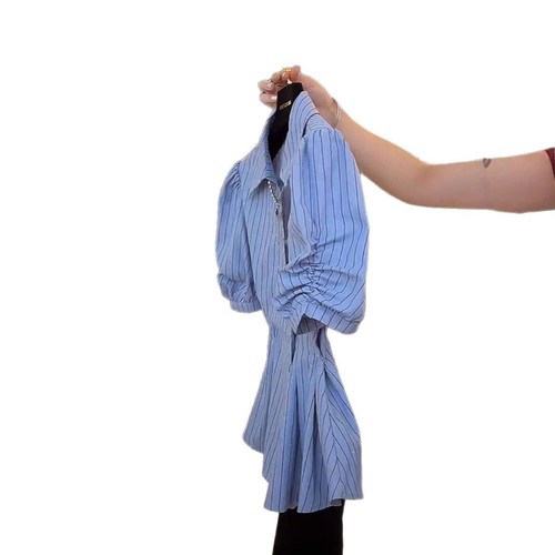 Design Stripe Short Sleeve Shirt Summer Plus Size Fat MM Waist Cinch Slimming V-Neck Shirt Puff Sleeve Half Sleeve Top 