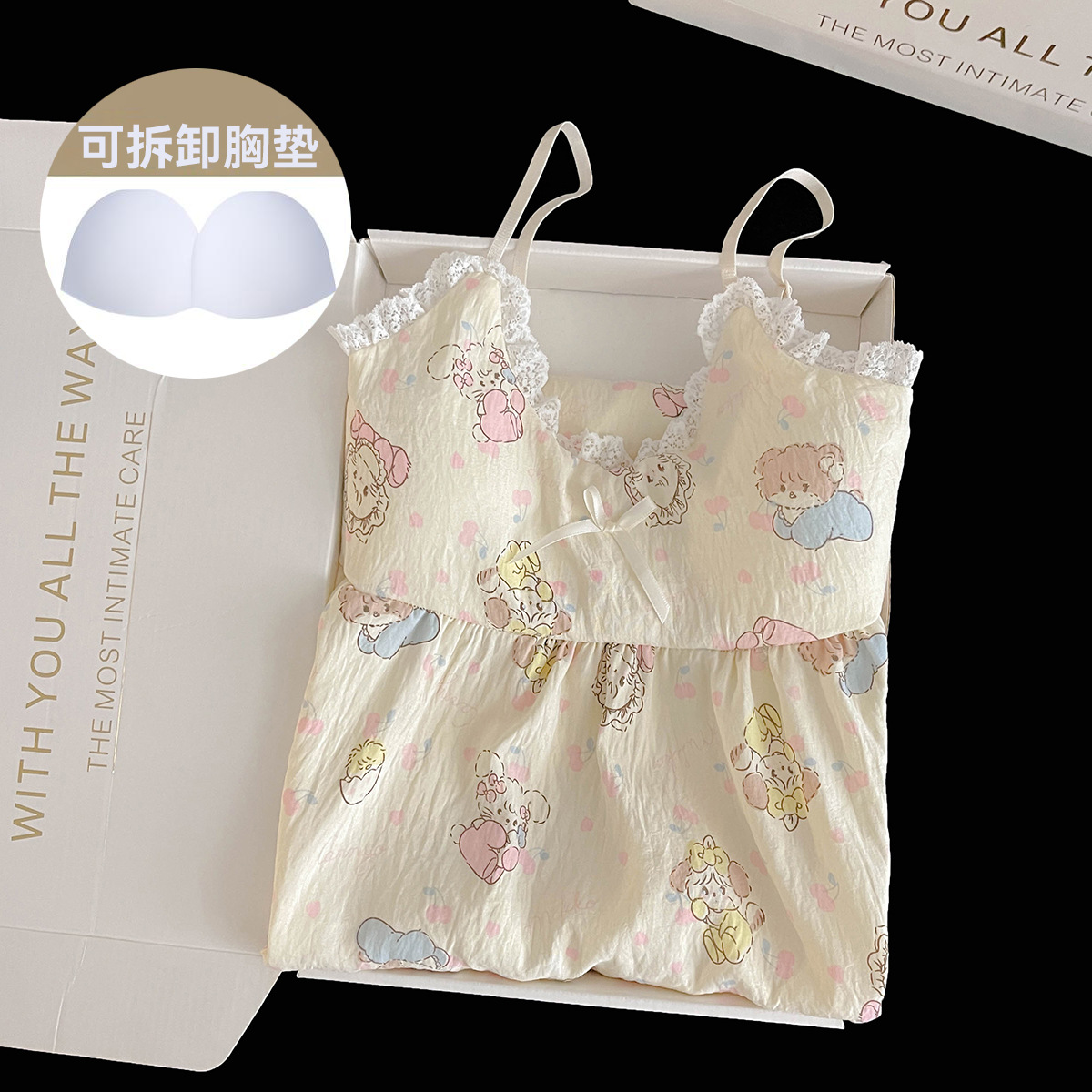 2026 vestido de pijama de mujer de verano cojín de pecho desmontable coreano encantador dibujos animados ropa doméstica de niña de verano en vivo