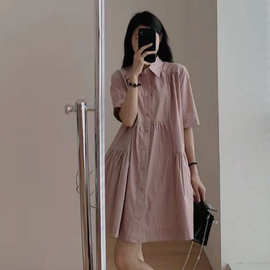 2024夏季新款韩版衬衣领短袖开衫娃娃裙高品质减龄显瘦纯色连衣裙