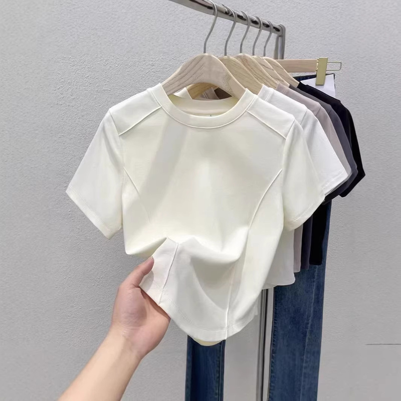 Popular Solid Color Round Neck Fishbone Short-Sleeve T-Shirt for Women, New Summer Fashion Casual Versatile Base Shirt