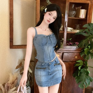 American Hot Girl Denim Skirt Suit for Women Summer Sexy Backless Halterneck Irregular Suspender Design High Waist Skirt