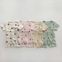 韩版ins童装婴幼童夏款男女卡通薄棉可爱T恤短裤两件套宝宝潮套装