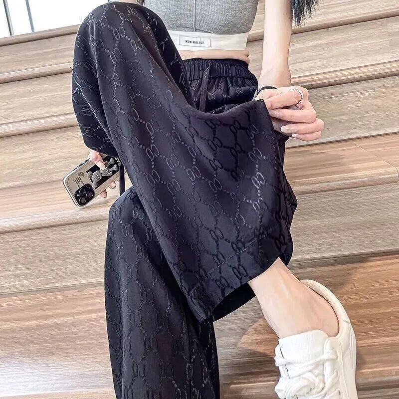 夏用の女性用の太いプラスサイズのアイスシルクワイドレッグパンツ、薄いハイウエスト、ストレートレッグ、ゆったりとしたジャカードカジュアルパンツ|undefined
