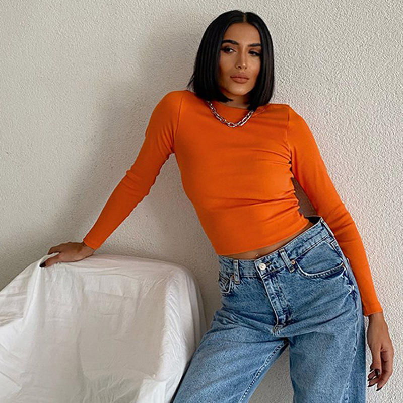 Women's Ribbed Long Sleeve T-shirt Round Neck Solid Colour Top_voghion.com