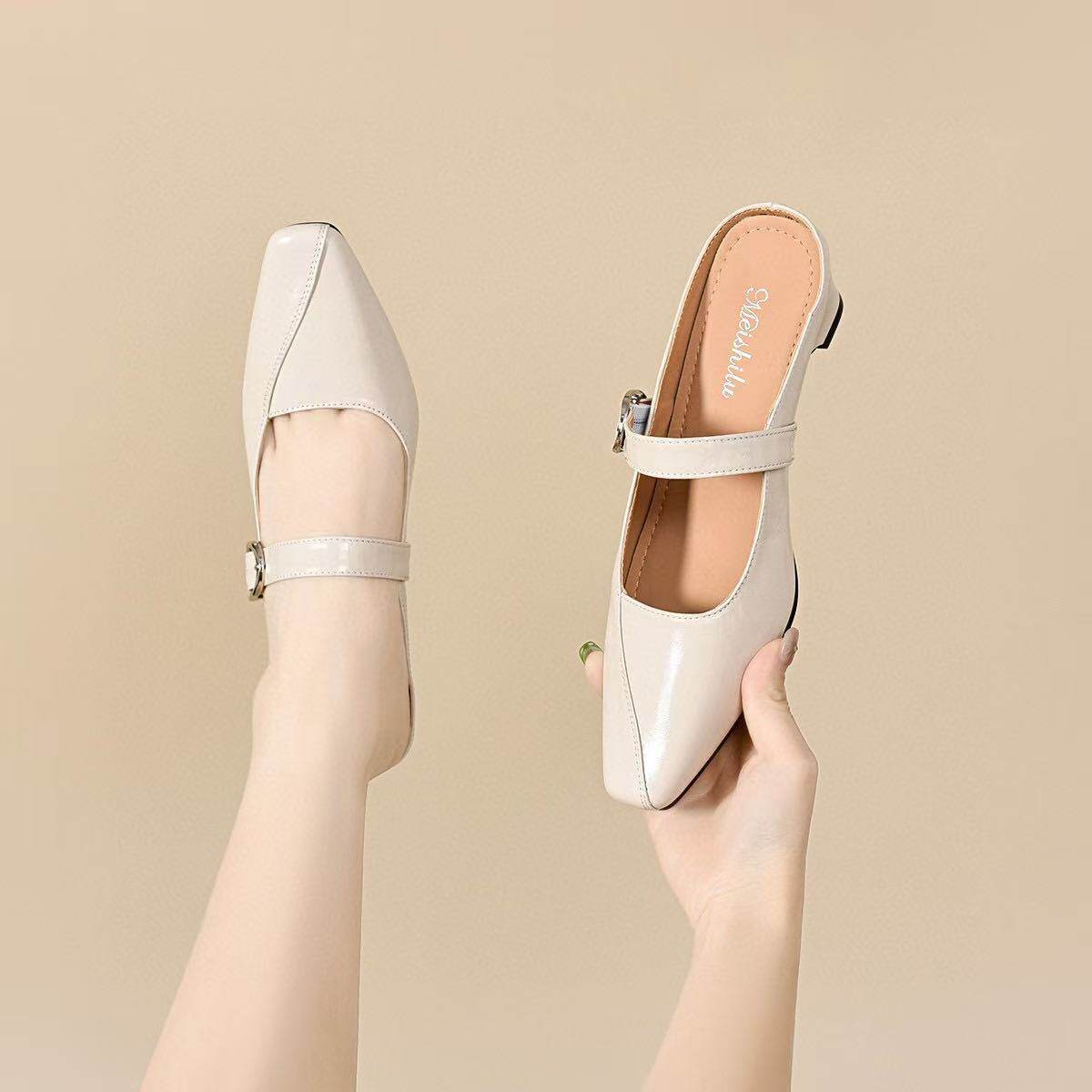 Dép sandal nữ da thật mũi vuông phong cách tiên nữ, gót thô chống trượt — màu be