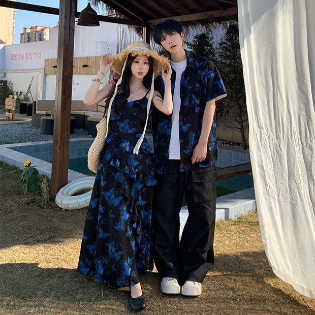Bali travel beach seaside vacation couple's outfit, stylish irregular floral long strap dress and shirt Bali travel beach seaside vacation couple's outfit, stylish irregular floral long strap dress and shirt