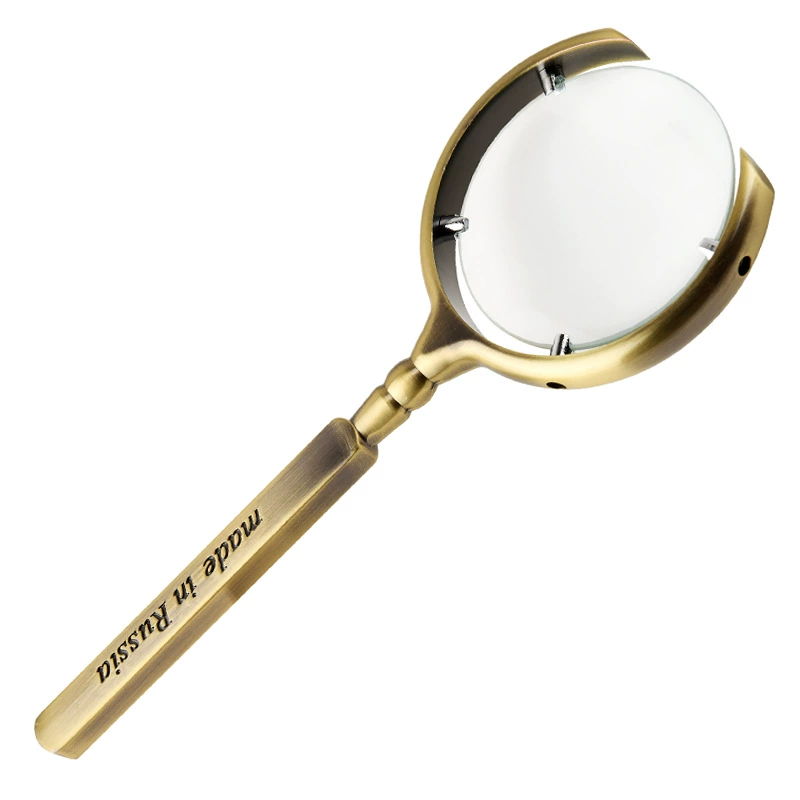 Оптическая лупа ручная, 10-кратная, с золотым покрытием, российского производства, открытого типа, для чтения, археологических исследований и коллекционирования.
