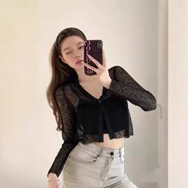 法式蕾丝防晒开衫女黑色短款上衣配吊带连衣裙外搭披肩罩衫女夏季