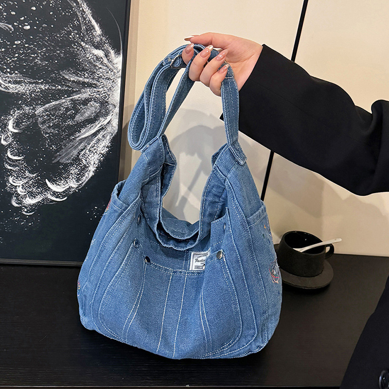 Cross-Border Korean Style Women's Denim Shoulder Bag, Japanese Style Large Capacity Student Class and Commuting Bag, Trendy, Fashionable and Versatile