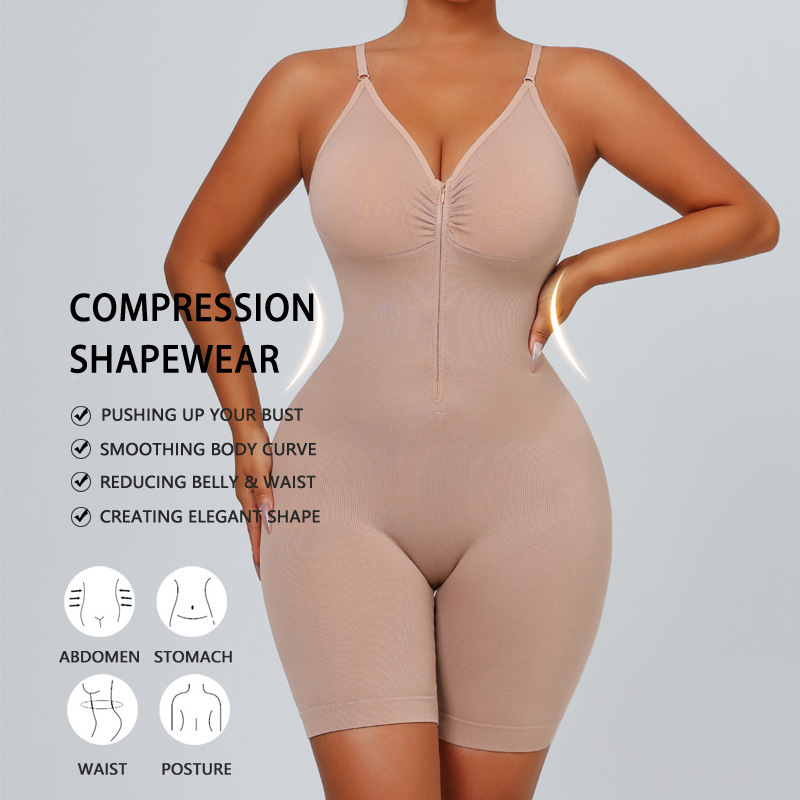 European and American women's seamless tummy control and butt-lifting shapewear bodysuit, tight-fitting body-shaping one-piece shorts with zipper, strong support European and American women's seamless tummy control and butt-lifting shapewear bodysuit, tight-fitting body-shaping one-piece shorts with zipper, strong support