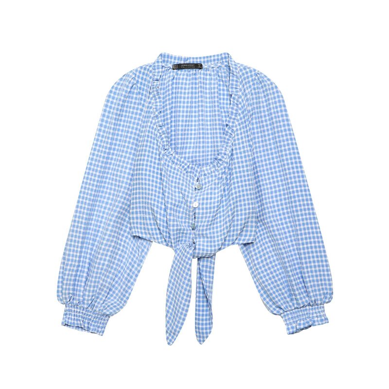 2026 Spring Ins Women's Long-Sleeved Blue Plaid Short Top Knotted Shirt 5172 2026 Spring Ins Women's Long-Sleeved Blue Plaid Short Top Knotted Shirt 5172
