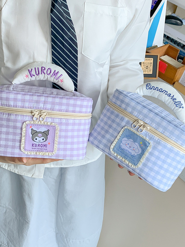 キュートでクリエイティブなガーリーハートチェック柄大容量化粧品バッグ絶妙な高価値刺繍チェック柄ハンドバッグ収納袋|undefined
