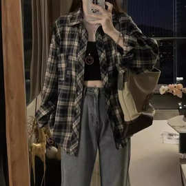 美式复古港风格子衬衫外套女2026春夏长袖休闲设计感黑白格衬衣女