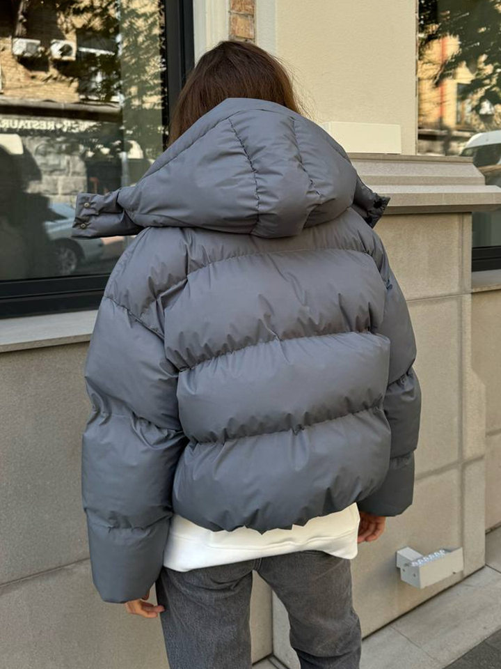 Áo khoác bông nữ dáng rộng ngắn có mũ trùm đầu, tay dài, phong cách casual — màu xám đậm, đen chi tiết 29