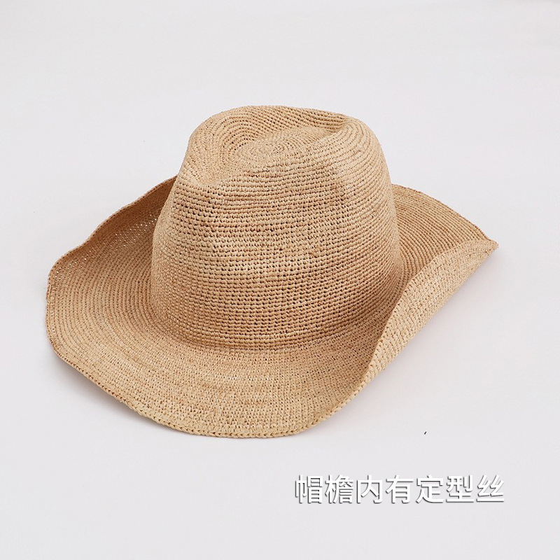 Natural Raffia Hand-Woven Curved Brim Jazz Panama Hat Summer European and American Cross-Border Western Cowboy Hat Natural Raffia Hand-Woven Curved Brim Jazz Panama Hat Summer European and American Cross-Border Western Cowboy Hat