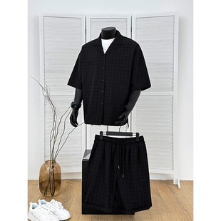 Fashion Suit Collar Shirt and Pants Set for Men, Trendy Summer Textured Suit Collar Short-Sleeve Shirt and Shorts Two-Piece Set