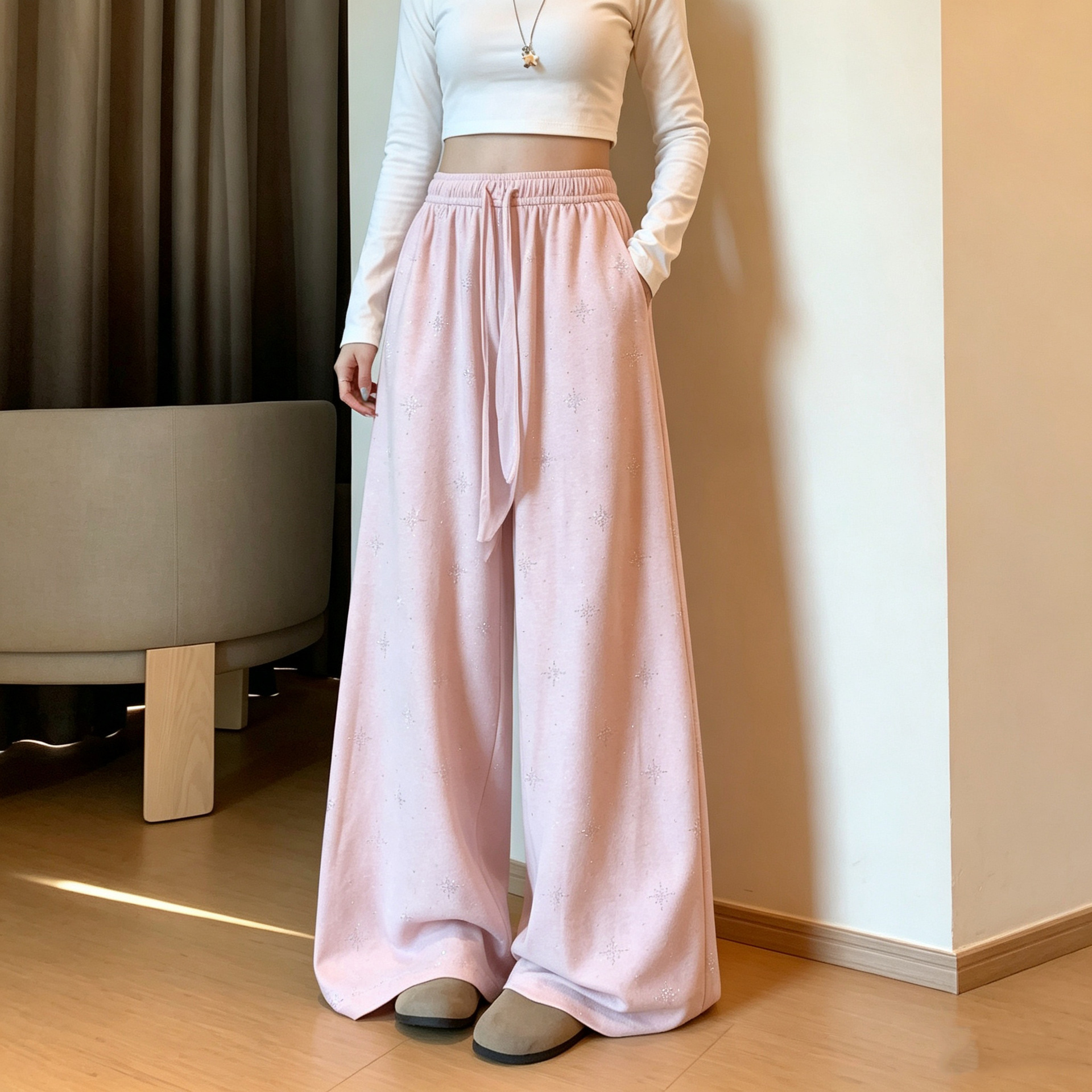 多巴胺穿搭粉色烫钻阔腿裤女美式街头辣妹宽松百搭爵士舞运动长裤