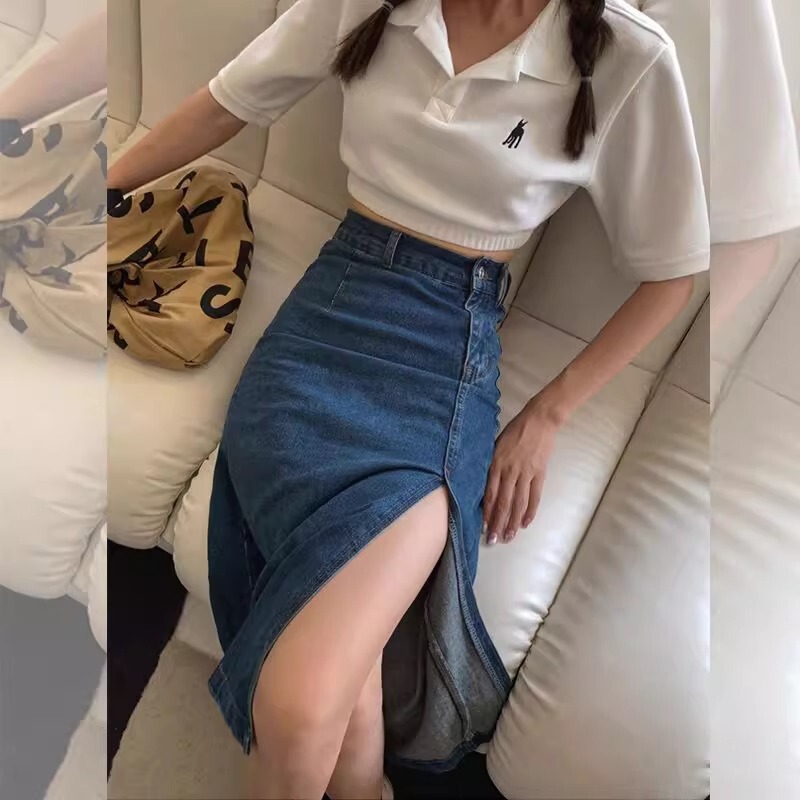 2025 New Summer Style Slimming Look Loose Large Size Side Slit Mid-Length Blue Denim Skirt for Women