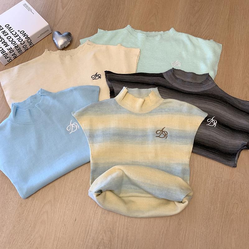 Contrast Color Stripesd Raglan Sleeves Half Turtleneck Right Shoulder Short Sleeve T-Shirt Women's Summer Slim High Waist Short Knitted Top Contrast Color Stripesd Raglan Sleeves Half Turtleneck Right Shoulder Short Sleeve T-Shirt Women's Summer Slim High Waist Short Knitted Top