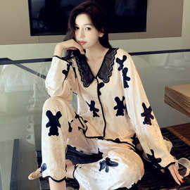 睡衣女开衫女款长袖长裤爱心套装M-XXL四码秋冬款时尚家居服套装