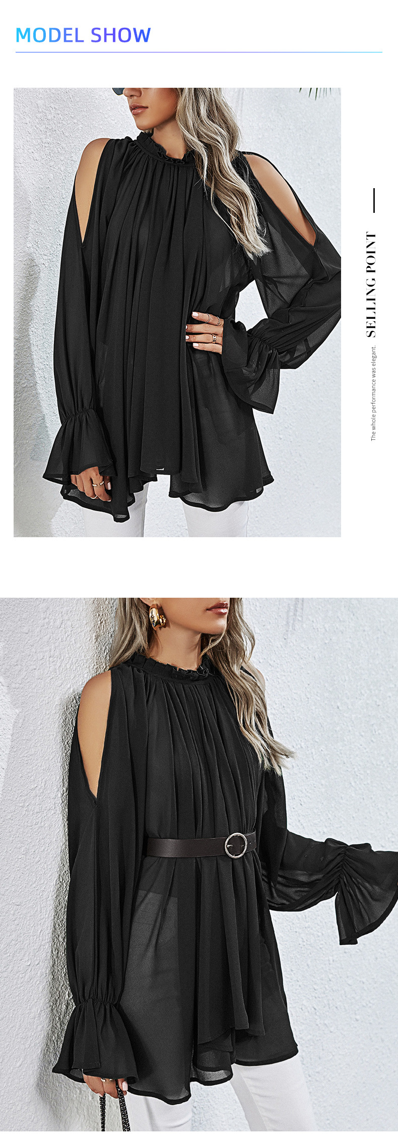 off-the-shoulder long-sleeved loose lace-up solid color chiffon tops without belt NSNXG121094