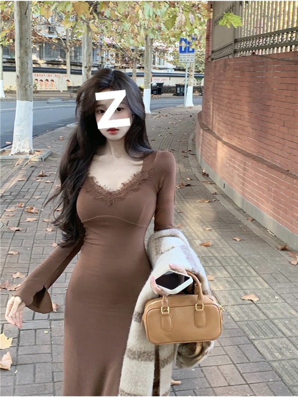 春季新款长袖拼接鱼尾连衣裙女打底黑色蕾丝收腰修身气质裙子长裙|undefined