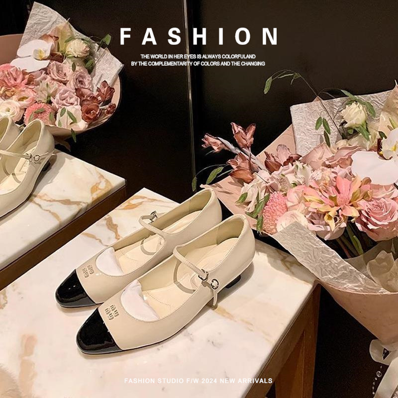 High-Heeled Mary Jane Shoes for Women, Windsor Color-Blocked Miu First-Layer Leather Buckle Strap Commuting Shoes, Same Style
