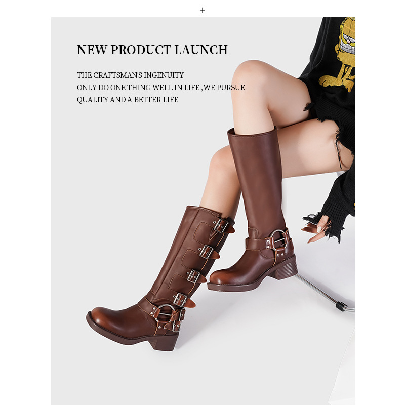 2023 Nouvelle botte de chevalier à tête carrée avec boucle de ceinture en métal à manches hautes pour femmes Asigo Same Western Cowboy_voghion.com