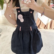 日系少女甜美可爱复古高腰2023年夏新款牛仔背带花苞蓬蓬连衣裙女