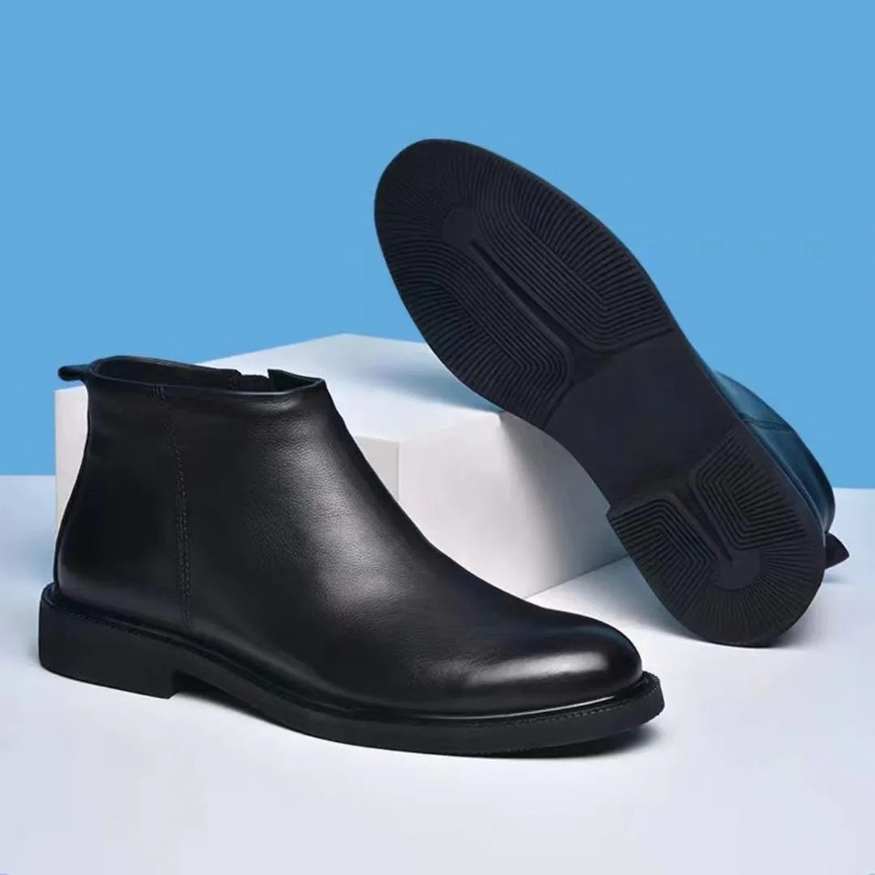 Giày bốt nam cổ cao kiểu Chelsea phong cách Anh, đế cao su chống trượt, gót thấp 1–3 cm — Giày một lớp màu đen, Màu đen lót nhung chi tiết 5