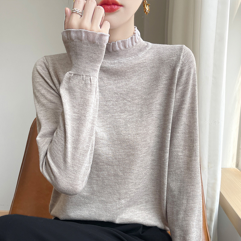 Autumn lace knitted woolen fitted long-sleeve with a round collar