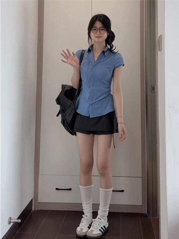 韓国カレッジスタイルポロカラー半袖シャツレディース2025夏新作ホットガールスリムフィットピンチウエスト万能トップ|undefined