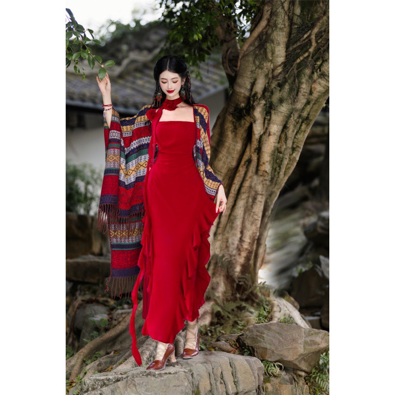 Retro ethnic red shiffon dress