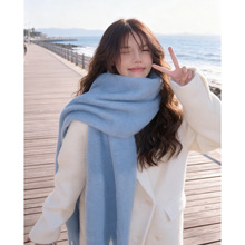 韩国ins秋冬季新品 浅蓝色纯色围巾女马海毛松软保暖加厚围脖批发