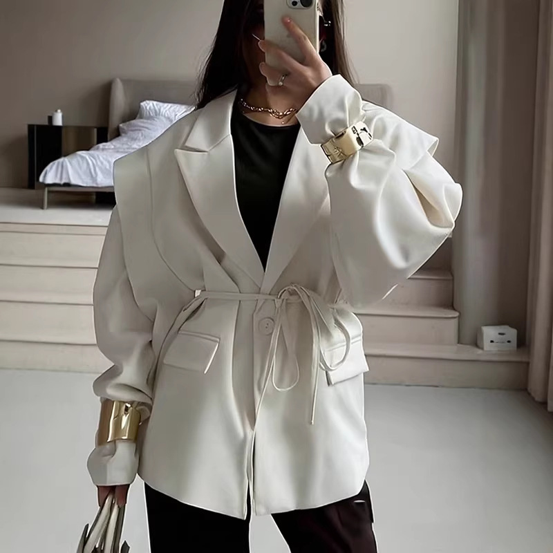 2025亚马逊秋冬新款跨境时尚女装欧美收腰系带宽松百搭v领外套女